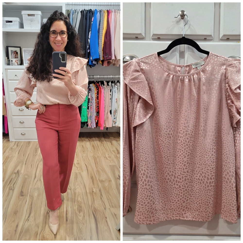 Chenault Blush Pink Satin Ruffle Shoulder Blouse